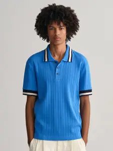 GANT Men Blue Striped Polo Collar T-shirt
