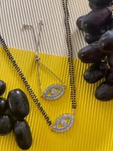 Digital Dress Room Set Of 2 Silver Plated AD Studded Evil Eye Mangalsutra With Bracelet