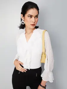 max White Mandarin Collar Shirt Style Top