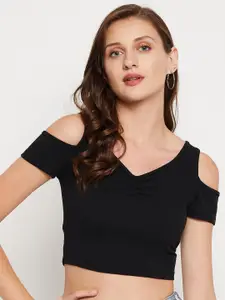 LE BOURGEOIS V-Neck Cold- Shoulder Sleeves Fitted Crop Top