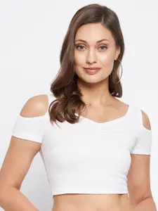 LE BOURGEOIS Round Neck Cold-Shoulder Sleeves Fitted Crop Top