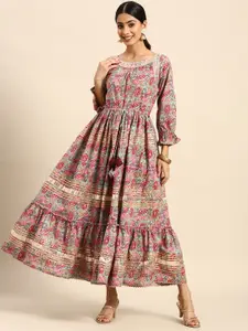 RANGMAYEE Floral Print Puff Sleeves Embellished Tiered Maxi Ethnic Dress