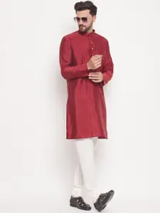 VASTRAMAY Geometric Woven Design Band Collar Straight Silk Blend Kurta With Churidar