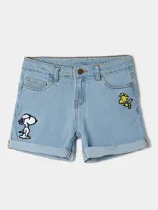 Fame Forever by Lifestyle Girls Mickey & Friends Mid-Rise Embroidered Cotton Denim Shorts