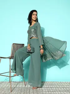 Kvsfab Women Embroidered Georgette Sequinned Top With Palazzos & With Shrug