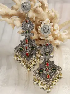 Moedbuille Silver Plated Studded Antique Oxidised Drop Earrings