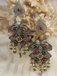 Moedbuille Silver Plated Pearls Studded Antique Peacock Shaped Oxidised Drop Earrings