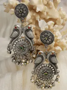 Moedbuille Silver-Plated Ghungroo & Pearls Peacock Shaped Drop Earrings