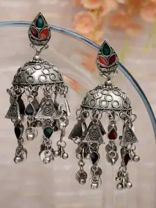 Moedbuille Silver-Plated Meenakari Work Antique Dome Shaped Jhumkas Earrings