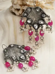 Moedbuille Silver Plated Crystals & Pearls Studded Quirky Drop Earrings