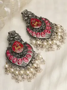 Moedbuille Silver-Plated Meenakari Work Oxidised Pearls Chandbalis Earrings