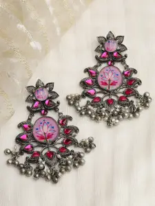 Moedbuille Silver-Plated Floral Crystals Studded Oxidised Chandbalis Earring