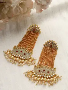 Moedbuille Gold-Plated Kundan & Pearls Studded Drop Earrings