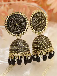Moedbuille Gold-Plated Dome Shaped Oxidised Antique Stone Beaded Jhumkas Earrings