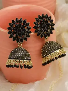 Moedbuille Gold-Plated Crystals Studded & Beaded Floral Jhumkas Earrings