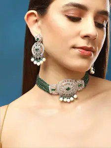 Rubans Silver-Plated Emerald Green & Pearl Beaded Cubic Zirconia Studded Choker Necklace Set