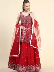 KALINI Floral Embroidered Layered Kurti With Skirt & Dupatta