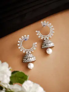 ATIBELLE Silver-Plated Crescent Shaped Jhumkas Earrings