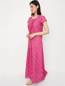 max Round Neck Floral Printed Maxi Pure Cotton Nightdress