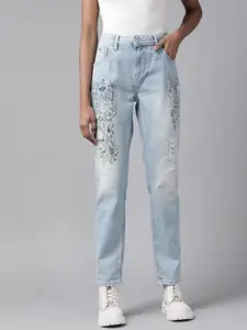 Pepe Jeans Women Comfort Tapered Fit Mildly Distressed Printed Pure Cotton Jeans