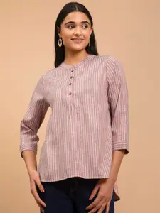 Pink Fort Striped Mandarin Collar Shirt Style Top