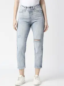 Pepe Jeans Women Relaxed Fit High-Rise Slash Knee Heavy Fade Cropped Cotton Jeans