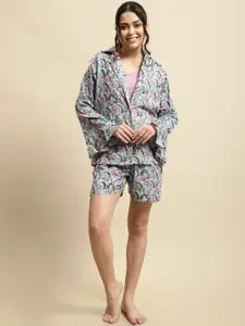 Secret Wish 3 Piece Sanganeri Floral Printed Pure Cotton Night Suit With Robe