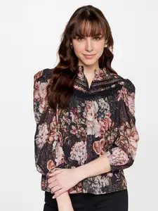AND Floral Print Mandarin Collar Lace Inserted Top