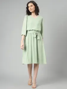 Beverly Hills Polo Club Self Design Puff Sleeve Belted Dress