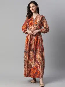 Indibelle Paisley Print Puff Sleeve A-Line Maxi Dress