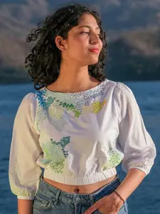 OKHAI Embroidered Puff Sleeves Pure Cotton Crop Top