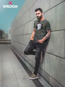 WROGN Men Deep Grey Pure Cotton Slim Fit Summertime Solace Digiprints T-shirt