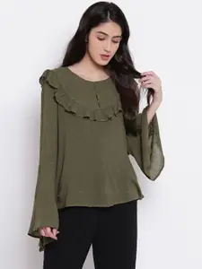 ONLY Women Olive Green Self Design Top With Ruffle Detailing
