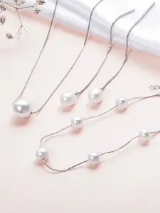 Zavya Sterling Silver Rhodium-Plated Pearls-Studded Necklace Bracelet And Earrings