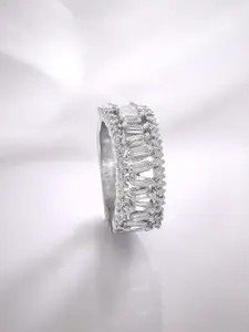 Rubans Silver-Plated Cubic Zirconia Baguette & Round Studded Statement Ring