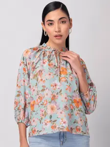 FabAlley Blue Floral Print Tie-Up Neck Crepe Top
