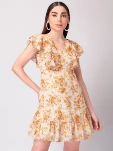 FabAlley Yellow Floral Georgette A-Line Dress