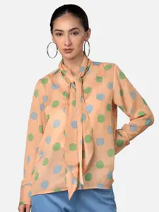 NEOFAA Women Peach-Coloured Semi Sheer Printed Casual Shirt