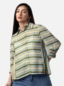 NEOFAA Horizontal Stripes Striped Sheer Casual Shirt
