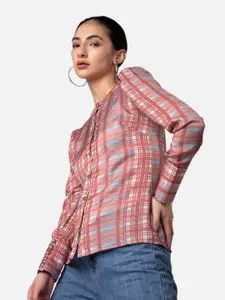 NEOFAA Women Red Tartan Checks Checked Casual Shirt