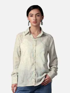 NEOFAA Women Cream-Coloured Printed Casual Shirt