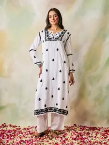 HOUSE OF KARI Women White Quirky Embroidered Flared Sleeves Mirror Work Kurta