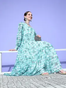 Inddus Induss Chiffon Digital Block Printed Maxi Dress