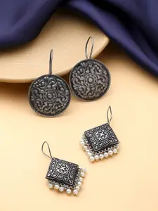 Yellow Chimes Set Of 2 Silver-Plated Oxidised moti Beaded Contemporary Drop Earrings