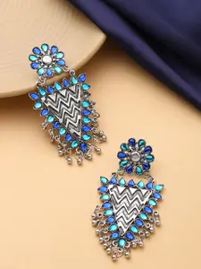 Yellow Chimes Silver Plated Oxidised Triangular Stone Studded Drop Earrings