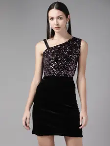 Aarika Pink & Black Embellished One Shoulder Georgette Bodycon Mini Dress