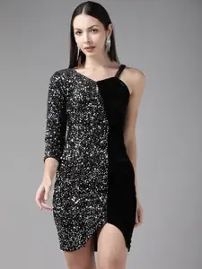 Aarika Black & Silver-Toned Embellished One Shoulder Georgette Bodycon Mini Dress