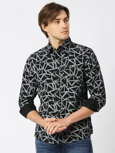 MOD ECRU Spread Collar Geometric Printed Hemp Bamboo Casual Shirt