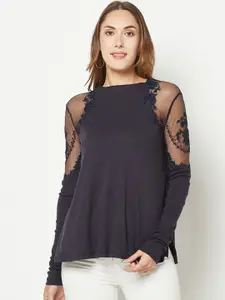 HOUSE OF S Embroidered Floral Boat Neck A-Line Top