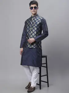 Jompers Striped Thread Work Kurta with Pyjamas & Nehru Jacket